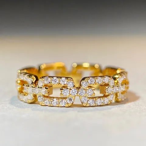 Anello in Argento Sterling S925 a Catena per Donna Con Zirconia Pavé Galvanizzato Minimalista Moda Lusso Gioielli