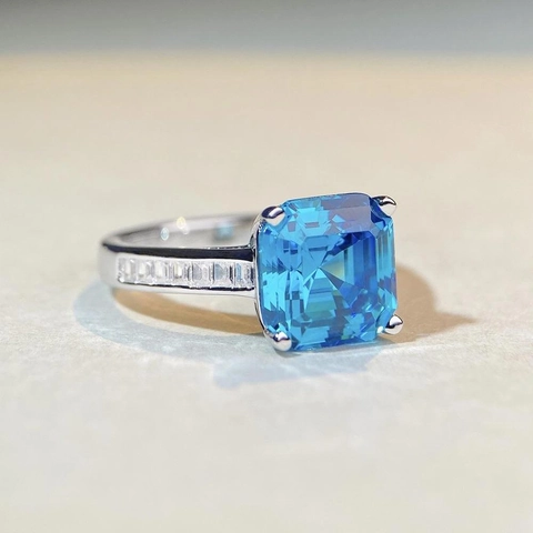 Anello in Argento Sterling S925 Con Pietra Preziosa Taglio Asscher per Donna Lussuoso Quadrato Blu Rosa Bianco Strass Intarsiato Gioielli da Banchetto