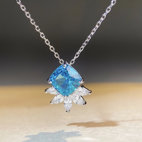925 Sterling Silver Square Cushion Cut Rhinestone Pendant Necklace Geometric Blue Purple Pink Yellow Green Clavicle Chain Jewelry For Women