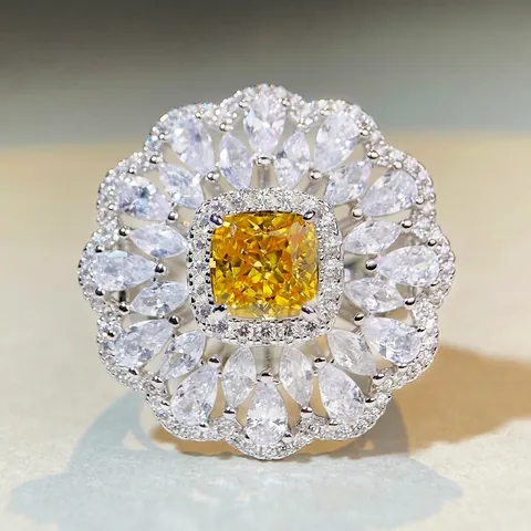 Luxury 925 Sterling Silver Flower Ring For Women Radiant Cut Yellow Pink Blue Green Zirconia Inlaid Party Wedding Jewelry
