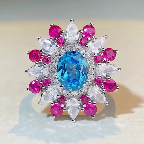 Anillo de Lujo de Plata de Ley 925 para Mujer Diseño de Flor de Strass Multicolor Vintage Anillo de Cóctel Joyería