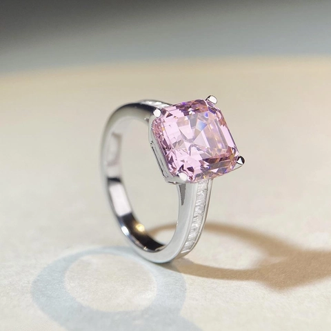 Lussuoso Anello in Argento Sterling 925 Taglio Asscher Zirconia Rosa per Donna Vintage Geometrico Quadrato Matrimonio Anello Dito