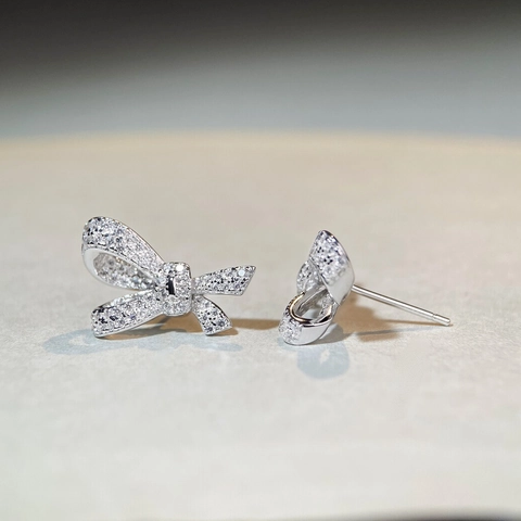 Pendientes de Botón con Lazo de Plata de Ley 925 para Mujer Pavé de Circonia Brillante Joyería Elegante Regalo