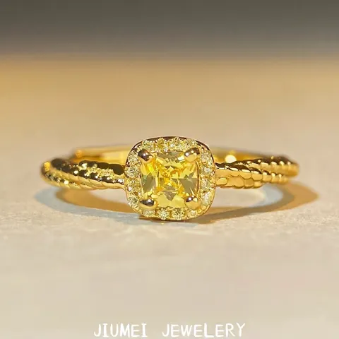 925 Sterlingsilber Gelber Zirkonia Radiantschliff Offener Ring Für Damen Luxus Geometrisch Halo Twist Textur Verstellbarer Fingerring Schmuck