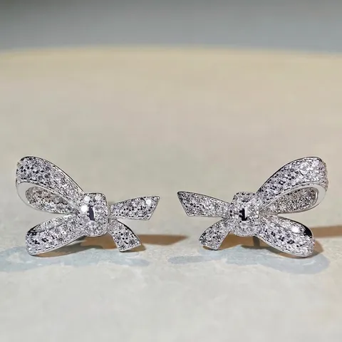 Pendientes de Botón con Lazo de Plata de Ley 925 para Mujer Pavé de Circonia Brillante Joyería Elegante Regalo