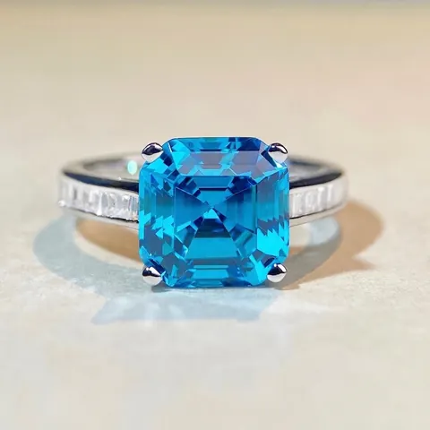 Anello in Argento Sterling S925 Con Pietra Preziosa Taglio Asscher per Donna Lussuoso Quadrato Blu Rosa Bianco Strass Intarsiato Gioielli da Banchetto