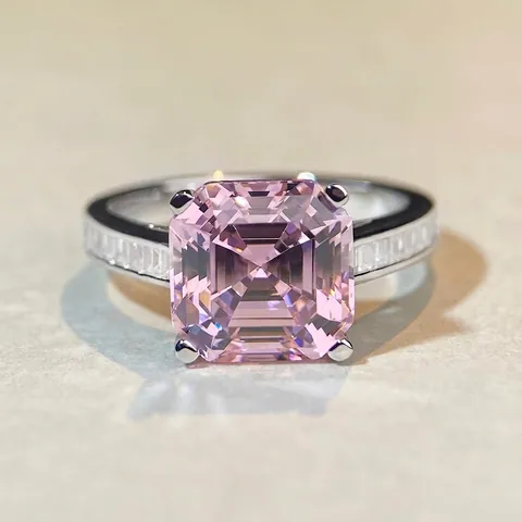 Lussuoso Anello in Argento Sterling 925 Taglio Asscher Zirconia Rosa per Donna Vintage Geometrico Quadrato Matrimonio Anello Dito