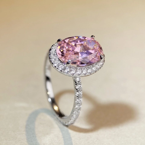 925 Sterlingsilber Ovalschnitt Rosa Gelb Weiß Strass Halo Ring Für Damen Luxuriös Mode Bankett Schmuck Hand Zubehör