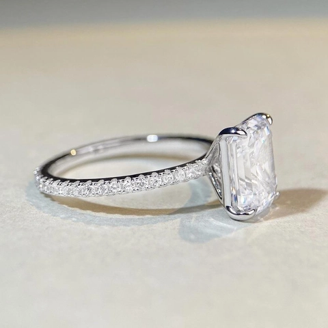 Anillo de Lujo de Plata de Ley 925 Talla Esmeralda Circonia para Mujer Pave Radiante Rectángulo Gema Compromiso Joyería