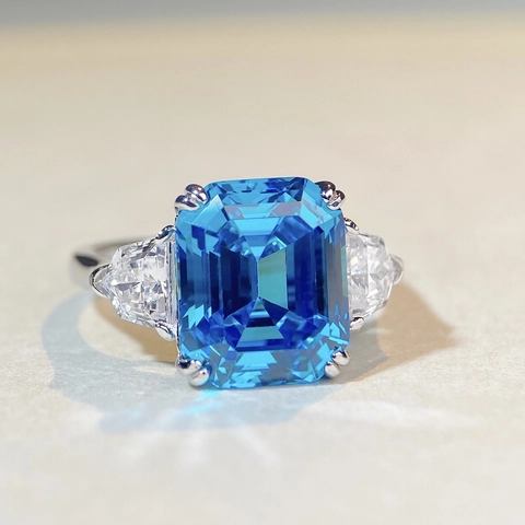 Anello in Argento Sterling S925 Con Zirconia Taglio Smeraldo Elegante Blu Rosa Bianco Tre Pietre Gioiello Geometrico Per Donna