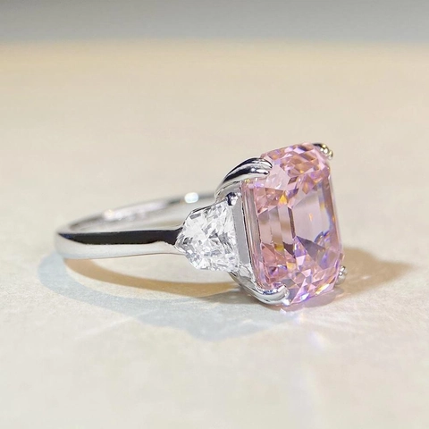 Anello in Argento Sterling 925 con Tre Pietre Taglio Smeraldo Zirconia Rosa Blu Bianco Zircone Quadrato Pietra Preziosa Anello di Fidanzamento da Donna