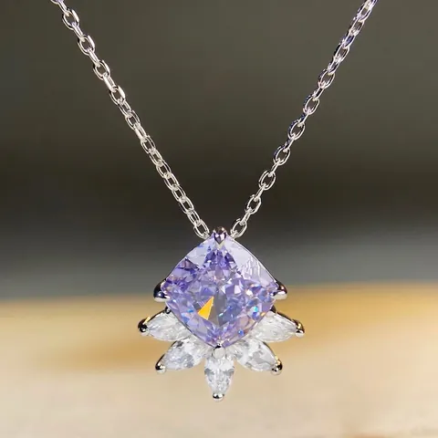925 Sterling Silver Rhinestone Pendant Necklace For Women Elegant Ice Flower Cut Purple Pink Yellow Blue Green Jewelry