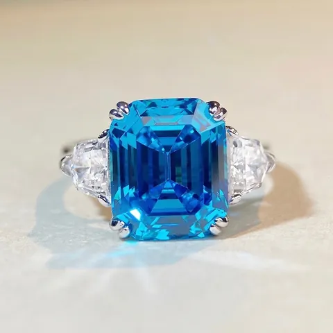 Anello in Argento Sterling S925 Con Zirconia Taglio Smeraldo Elegante Blu Rosa Bianco Tre Pietre Gioiello Geometrico Per Donna