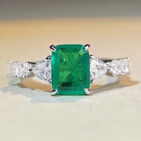 Anello in Argento Sterling 925 con Zirconia Verde Taglio Smeraldo Donna Muzo Verde Rettangolare Tre Pietre Geometrico