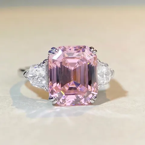Anello in Argento Sterling 925 con Tre Pietre Taglio Smeraldo Zirconia Rosa Blu Bianco Zircone Quadrato Pietra Preziosa Anello di Fidanzamento da Donna