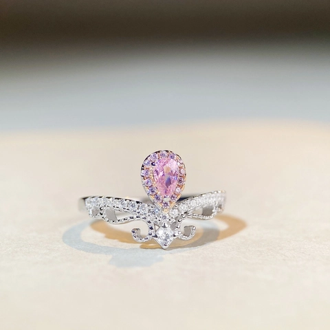 925 Sterling Silver Pear Cut Rhinestone Crown Ring Elegant Pink Yellow Water Drop Gemstone Ring For Women Jewelry Gift