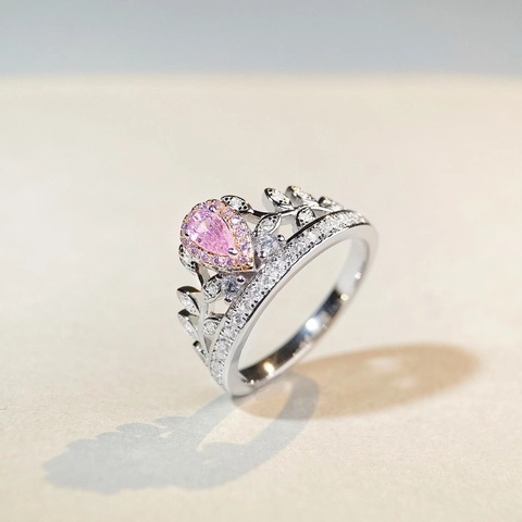 925 Sterling Silver Crown Ring Pear Cut Pink Yellow Rhinestone Elegant Jewelry For Women Anniversary Wedding Accessories
