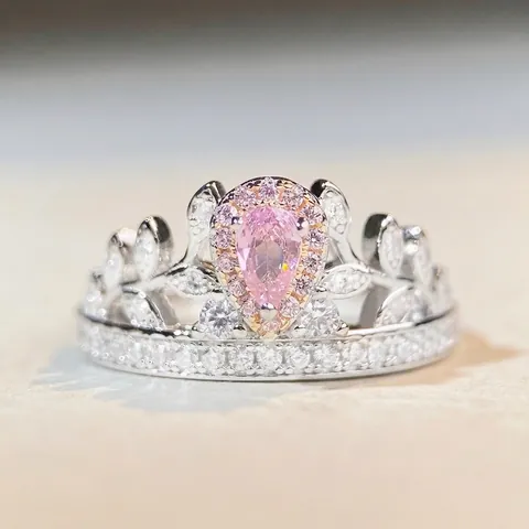 925 Sterling Silver Crown Ring Pear Cut Pink Yellow Rhinestone Elegant Jewelry For Women Anniversary Wedding Accessories