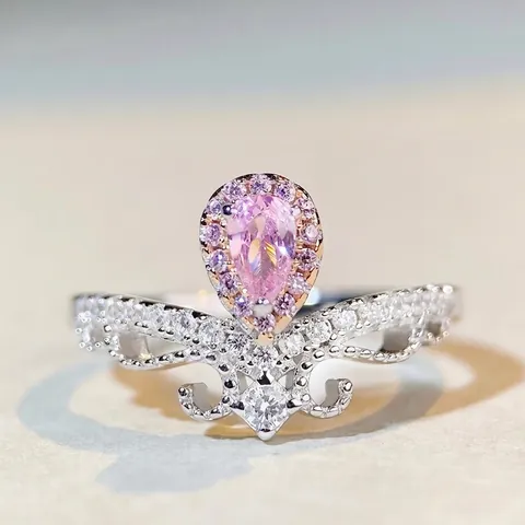 925 Sterling Silver Pear Cut Rhinestone Crown Ring Elegant Pink Yellow Water Drop Gemstone Ring For Women Jewelry Gift