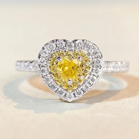 S925 Plata de Ley Corazón Circonia Anillo Lujoso Halo Incrustado Anillo de Compromiso Joyería Para Mujer Rosa Amarillo Piedra