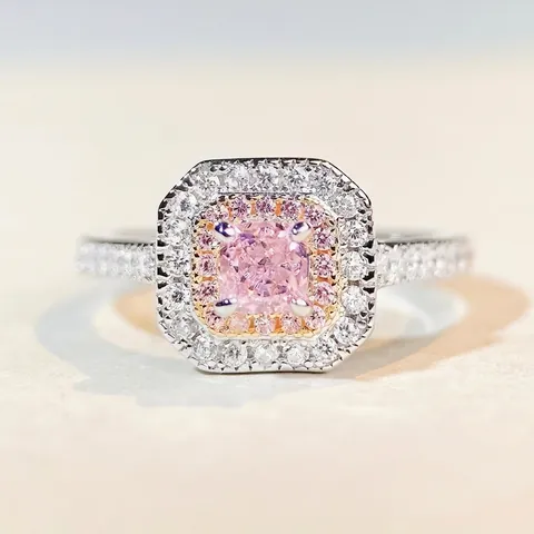 925 Sterling Silver Double Halo Cushion Cut Ring For Women Elegant Pink Yellow Rhinestone Minimalist Fashion Finger Jewelry Accessory