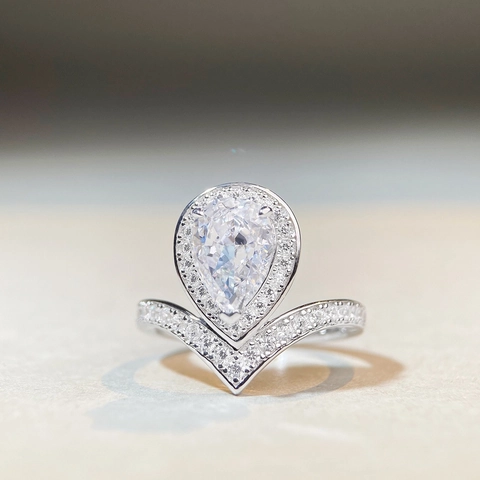 S925 Sterlingsilber Birnenschliff Zirkonia Ring Damen Halo V-Förmiges Chevron Band Wassertropfen Verlobung Hochzeit Schmuck