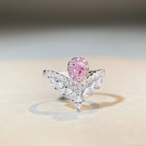 925 Sterling Silver V-Shaped Ring For Women Minimalist Fashion Pink Yellow Rhinestone Inlaid Water Drop Finger Ring Jewelry Gift