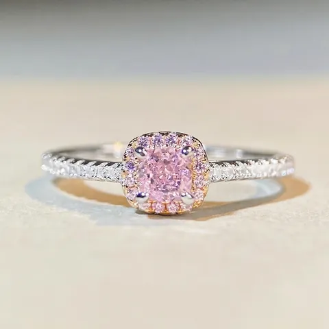 Anillo de Lujo de Plata de Ley 925 para Mujer Halo Corte de Cojín Rosa Amarillo Diamante de Imitación Anillo de Compromiso Joyería