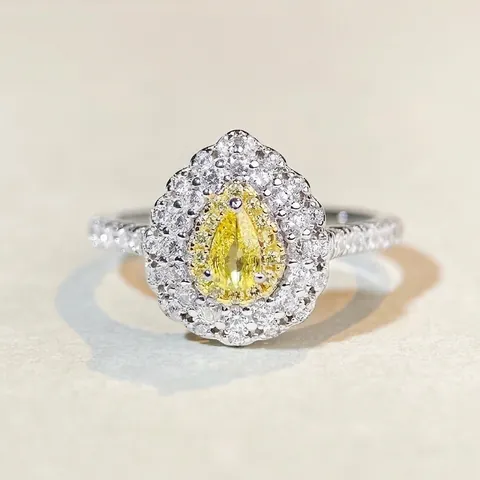 Anillo Halo de Plata de Ley 925 con Circonia Amarilla Talla Pera Elegante Doble Halo Engaste Pavé Anillo de Promesa para Mujer