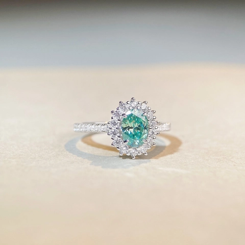 925 Sterling Silver Moissanite Ring Oval Green Gemstone Halo Rhinestone Ring For Women Jewelry Wedding Anniversary Gift