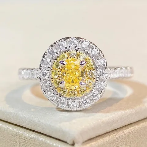 Bague Halo de Luxe en Argent Sterling 925 Avec Zirconia Pour Femme Bague de Fiançailles Zirconia Ovale Jaune Rose