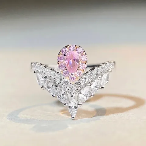925 Sterling Silver V-Shaped Ring For Women Minimalist Fashion Pink Yellow Rhinestone Inlaid Water Drop Finger Ring Jewelry Gift