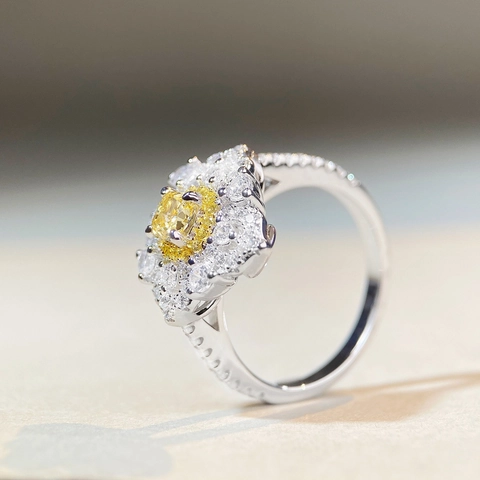 S925 Sterling Silver Yellow Pink Rhinestone Ring For Women Geometric Inlaid Flower Style Fashion Commuter Jewelry Gift
