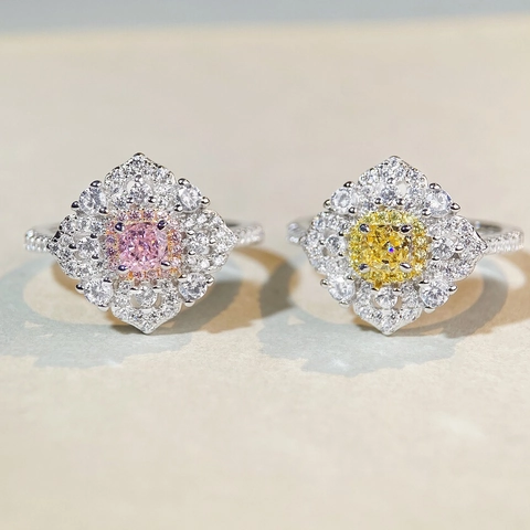 Luxurious 925 Sterling Silver Rhinestone Snowflake Ring For Women Cushion Cut Pink Yellow Floral Anniversary Engagement Finger Ring Jewelry