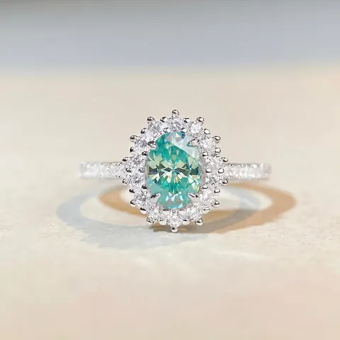925 Sterling Silver Moissanite Ring Oval Green Gemstone Halo Rhinestone Ring For Women Jewelry Wedding Anniversary Gift