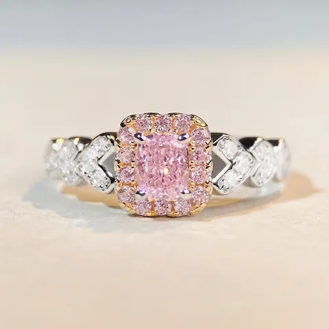 925 Sterling Silver Pink Yellow Cushion Cut Halo Ring For Women Fashion Hollow Heart Band Rhinestone Wedding Engagement Jewelry