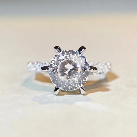 925 Sterling Silver Moissanite Ring For Women 3 Carat Round Fireworks Cut Six-Prong Pave Engagement Wedding Band Jewelry