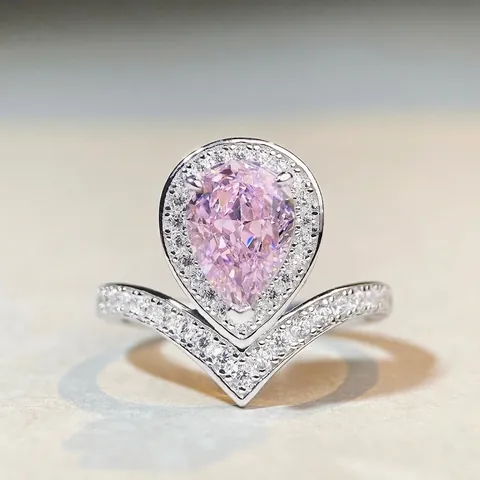 925 Argento Sterling Anello Goccia d'Acqua Pavé Rosa Giallo Bianco Strass a Forma di V Halo Anello Elegante Moda Gioielli