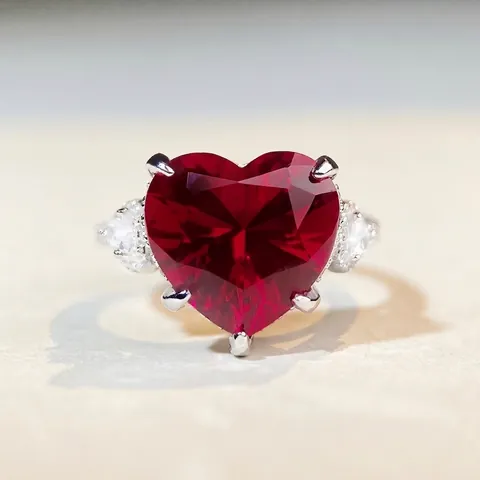 925 Sterlingsilber Taubenblut Roter Herz Edelstein Ring Für Damen Strass Eingelegt Hochwertig Romantisch Elegant Fingerring Schmuck Geschenk