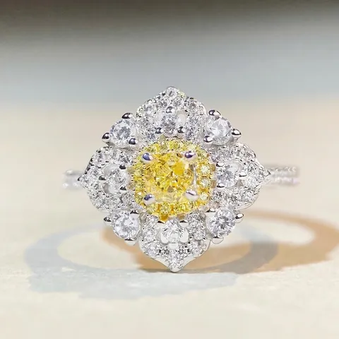 S925 Sterling Silver Yellow Pink Rhinestone Ring For Women Geometric Inlaid Flower Style Fashion Commuter Jewelry Gift