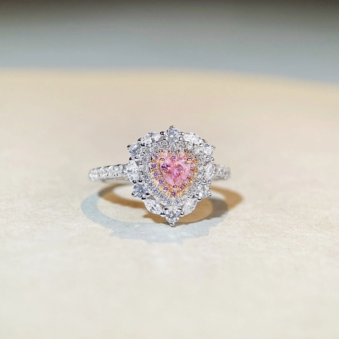 925 Sterlingsilber Herz Ring Rosa Strass Halo Cluster Luxus Verlobungsschmuck Geschenk Für Damen Fingerring