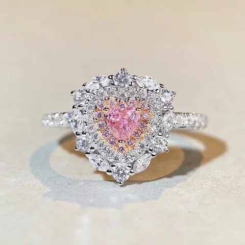 925 Sterlingsilber Herz Ring Rosa Strass Halo Cluster Luxus Verlobungsschmuck Geschenk Für Damen Fingerring