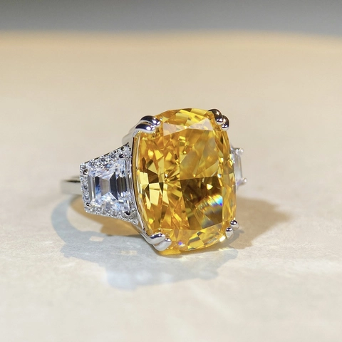 Luxury 925 Sterling Silver Radiant Cut Ring For Women Radiant Ice Cut Yellow Pink Rhinestone Ring For Wedding Banquet Party