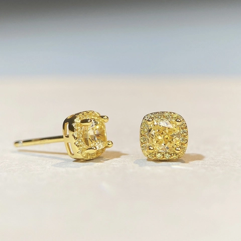 Boucles d'Oreilles Clous en Argent Sterling 925 Rétro Jaune Strass pour Femmes Mignons Carrés Coupe Cushion Halo Bijoux Mode