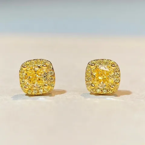 Boucles d'Oreilles Clous en Argent Sterling 925 Rétro Jaune Strass pour Femmes Mignons Carrés Coupe Cushion Halo Bijoux Mode