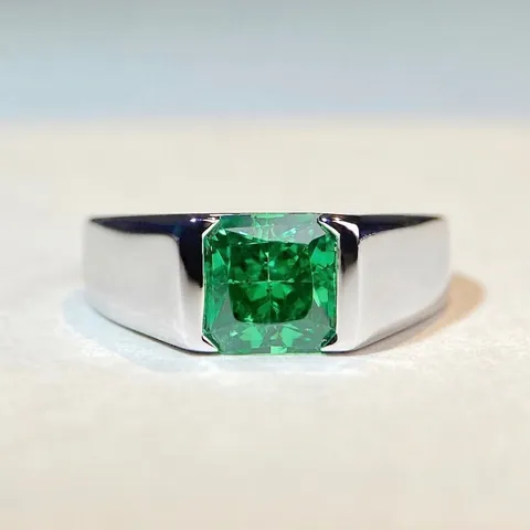 Anillo de Plata de Ley S925 para Hombre Grande Zirconia Corte Esmeralda Banda Ancha Pulida Joyería de Declaración Geométrica Regalo