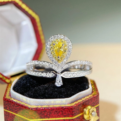 925 Sterling Silver Pear Cut Yellow Pink Rhinestone Ring For Women Elegant Water Drop Crown Geometric Fashion Jewelry Ring