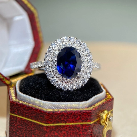 925 Sterling Silver Oval Sapphire Ruby Ring For Women Double Halo Rhinestone Inlaid Vintage Luxurious Wedding Party Jewelry