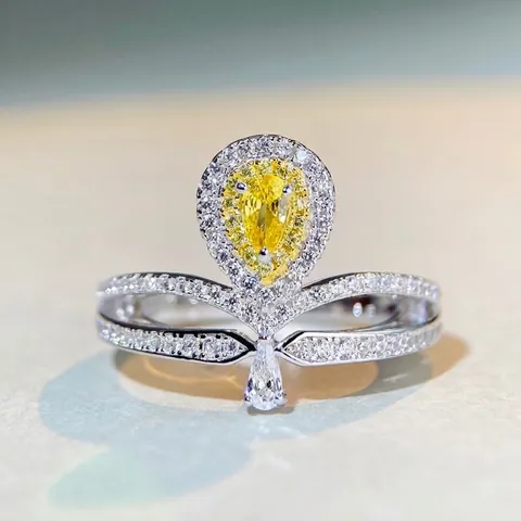 925 Sterling Silver Pear Cut Yellow Pink Rhinestone Ring For Women Elegant Water Drop Crown Geometric Fashion Jewelry Ring