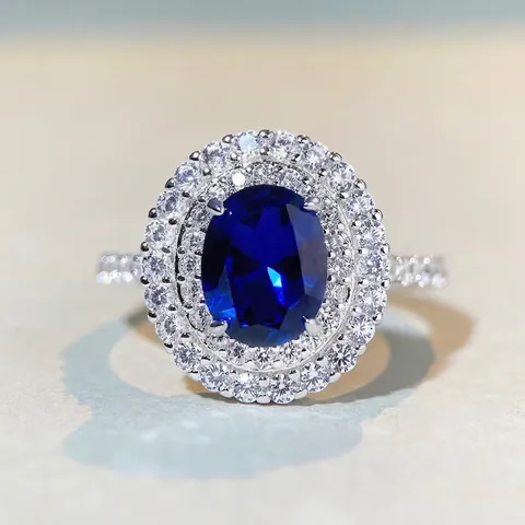 925 Sterling Silver Oval Sapphire Ruby Ring For Women Double Halo Rhinestone Inlaid Vintage Luxurious Wedding Party Jewelry